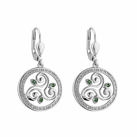 Irish Earrings | Sterling Silver Crystal Round Drop Celtic Spiral Triskele Earrings
