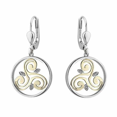 Irish Earrings | Diamond Sterling Silver and 10k Yellow Gold Round Celtic Spiral Triskele Earrings