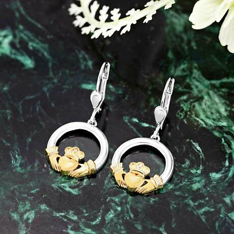 Alternate Image 1 for Irish Earrings | Diamond 10k Gold & Sterling Silver Ladies Claddagh Earrings