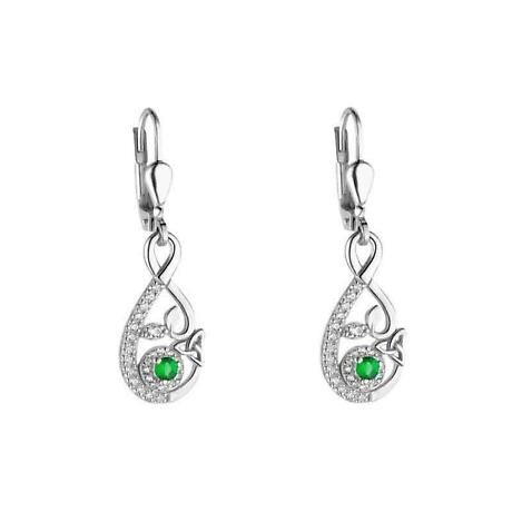 Irish Earrings | Sterling Silver Green Crystal Ornate Celtic Trinity Knot Drop Earrings