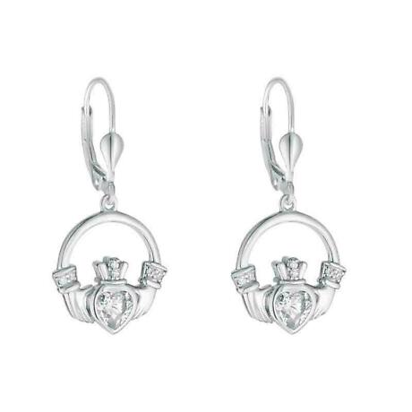 Irish Earrings | Sterling Silver Crystal Heart Claddagh Earrings