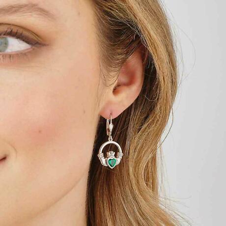 Alternate Image 1 for Irish Earrings | Sterling Silver Large Green Crystal Heart Claddagh Earrings