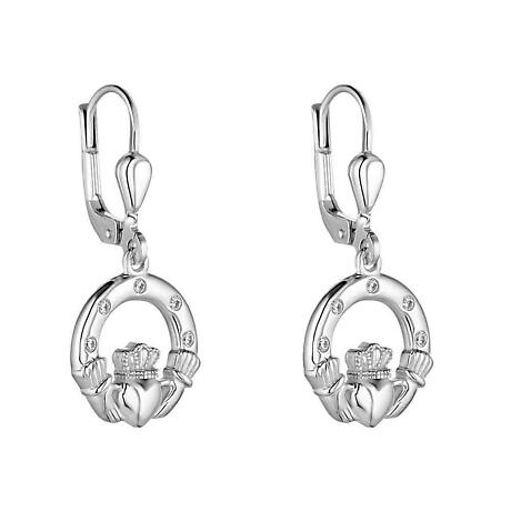 Irish Earrings | Sterling Silver Flush Set Crystal Drop Claddagh Earrings