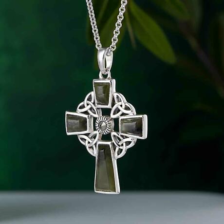 Alternate Image 1 for Celtic Pendant - Sterling Silver and Connemara Marble Celtic Cross Pendant with Chain