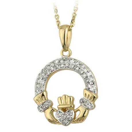 Product Image for Irish Necklace - 14k Gold and Micro Diamond Claddagh Pendant with Chain