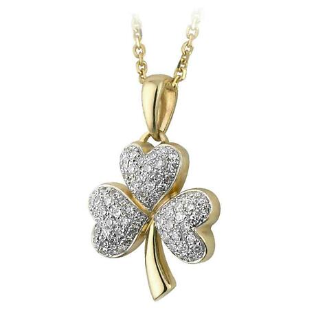 Irish Necklace - 14k Gold and Micro Diamond Shamrock Pendant with Chain