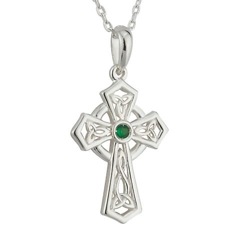 Irish Necklace | Sterling Silver Green Crystal Celtic Knot Cross Pendant