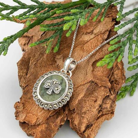 Alternate Image 1 for Irish Necklace - Sterling Silver Marcasite Shamrock Marble Pendant with Chain