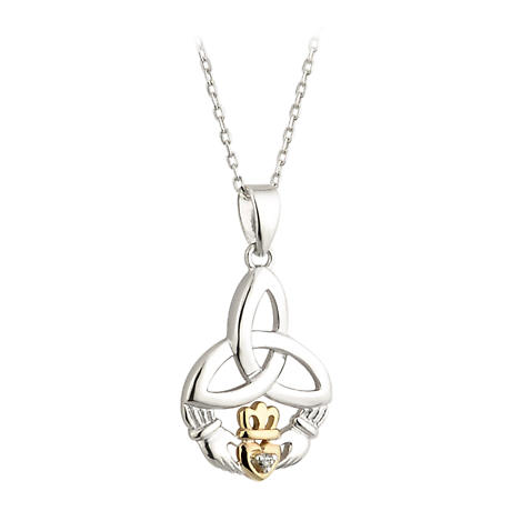 Irish Necklace | Diamond Sterling Silver and 10k Yellow Gold Celtic Trinity Knot Claddagh Pendant