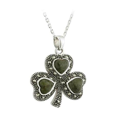 Irish Necklace - Sterling Silver Connemara Marble Marcasite Shamrock Pendant