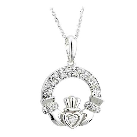 Irish Necklace - 14k White Gold and Diamond Claddagh Pendant