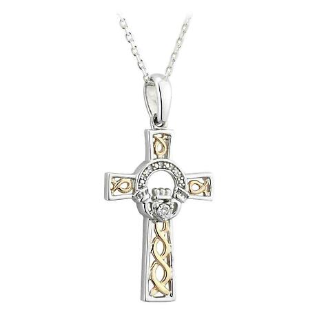 Claddagh Necklace - Silver, 10k Gold & Diamond Claddagh Cross Pendant