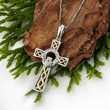 Alternate Image 1 for Claddagh Necklace - Silver, 10k Gold & Diamond Claddagh Cross Pendant