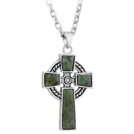 Irish Necklace - Pewter Style Connemara Marble Celtic Cross