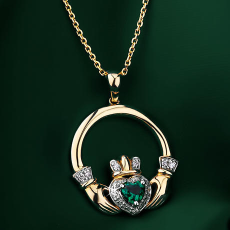Alternate Image 1 for Irish Necklace | 14k Gold Diamond & Emerald Claddagh Pendant