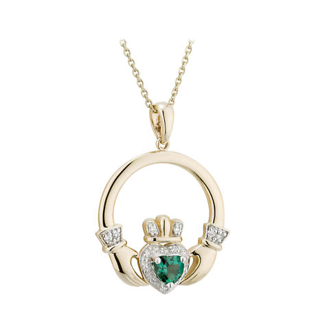 Irish Necklace | 14k Gold Diamond & Emerald Claddagh Pendant