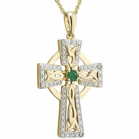 Product Image for Irish Necklace | 14k Gold Diamond & Emerald Celtic Cross Large Pendant