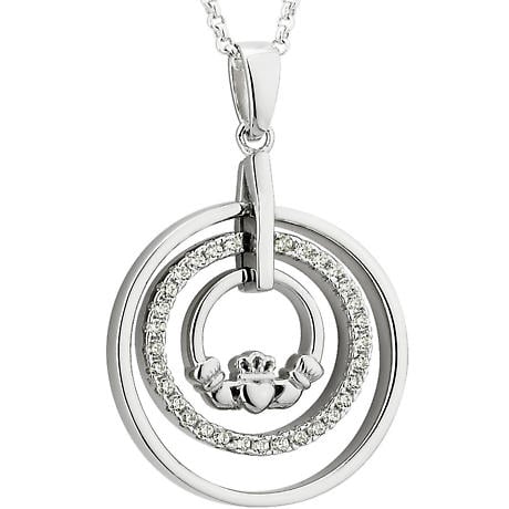 Product Image for Irish Necklace - Sterling Silver Crystal Round Claddagh Pendant