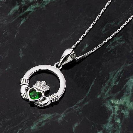 Alternate Image 1 for Claddagh Necklace - Sterling Silver Green Crystal Irish Pendant