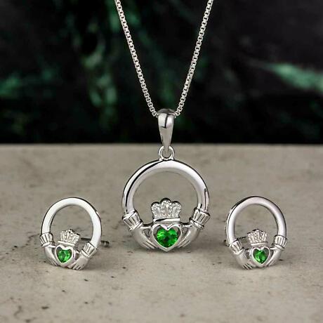 Alternate Image 2 for Claddagh Necklace - Sterling Silver Green Crystal Irish Pendant