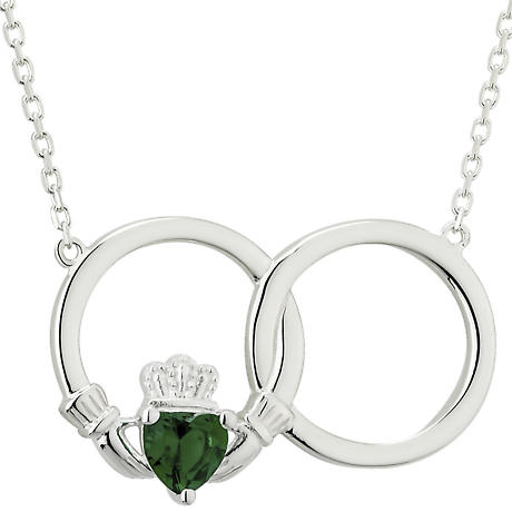 Irish Necklace - Sterling Silver Circle Claddagh Crystal Pendant