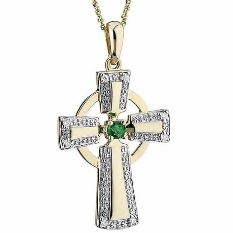 Irish Necklace | 14k Yellow & White Gold Diamond Emerald Celtic Cross Pendant
