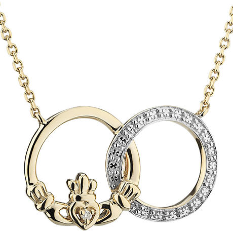 Product Image for Irish Necklace | 14k Yellow & White Gold Unity Diamond Claddagh Pendant