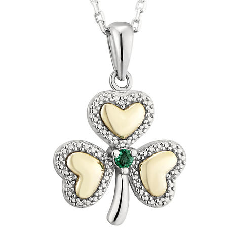 Irish Necklace | 10k Gold Sterling Silver & Diamond Shamrock Emerald Pendant