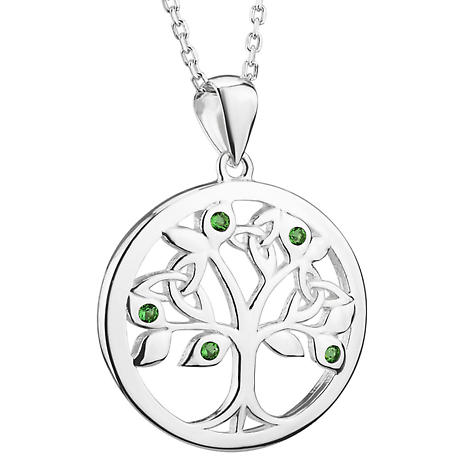 Irish Necklace | Sterling Silver Green Crystal Celtic Tree of Life Pendant