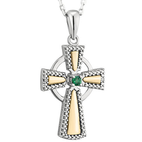 Irish Necklace | 10k White & Yellow Gold Diamond & Emerald Celtic Cross Pendant