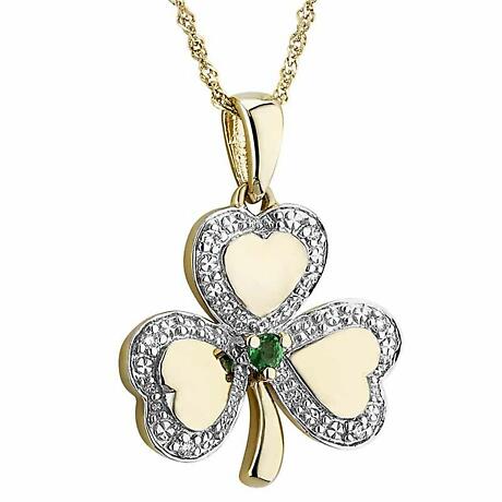 Irish Necklace | 10k White & Yellow Gold Diamond & Emerald Shamrock Pendant