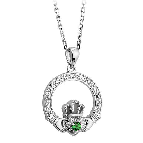 Product Image for Irish Necklace | Sterling Silver Green Crystal Illusion Claddagh Pendant