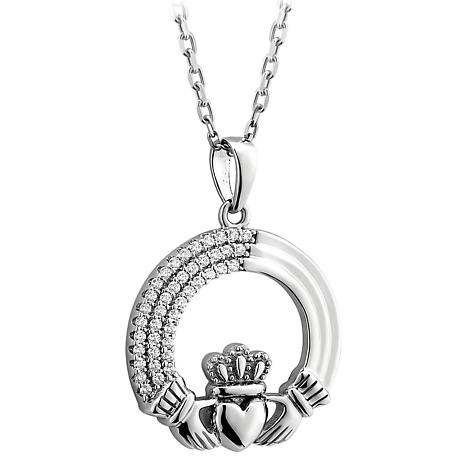 Irish Necklace | Sterling Silver Crystal Edge Claddagh Pendant