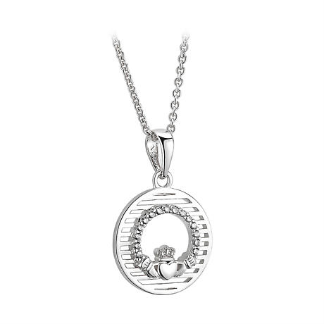 Product Image for Irish Necklace | Sterling Silver Circle Crystal Claddagh Pendant