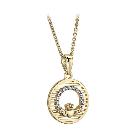 Product Image for Irish Necklace | Vermeil Gold Overlay Sterling Silver Circle Crystal Claddagh Pendant