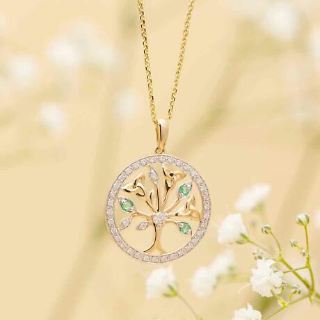 Alternate Image 1 for Irish Necklace | 14k Gold Diamond and Emerald Circle Celtic Tree of Life Pendant