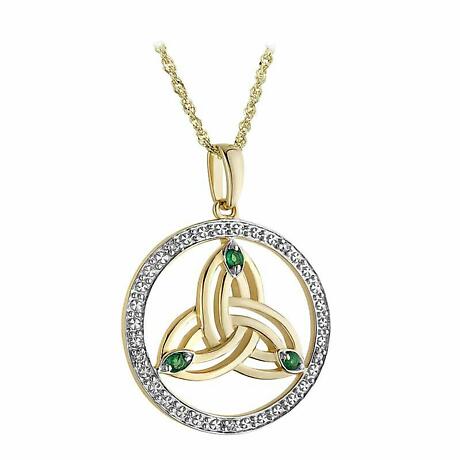 Product Image for Irish Necklace | 14k Gold Diamond and Emerald Circle Trinity Knot Pendant