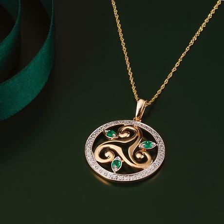 Alternate Image 1 for Irish Necklace | 14k Gold Diamond and Emerald Circle Celtic Triskele Pendant