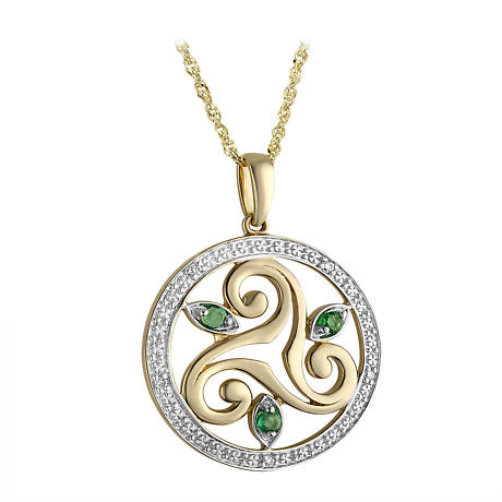 Product Image for Irish Necklace | 14k Gold Diamond and Emerald Circle Celtic Triskele Pendant