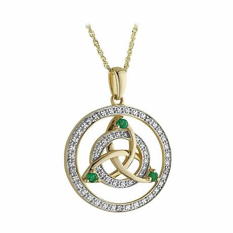 Product Image for Irish Necklace | 14k Gold Diamond and Emerald Circle Trinity Celtic Knot Pendant