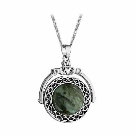 Irish Necklace | Rhodium Plated Connemara Marble Fob Celtic Claddagh Pendant
