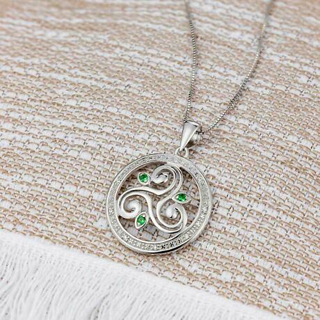 Alternate Image 1 for Irish Necklace | Sterling Silver Crystal Round Celtic Spiral Triskele Pendant