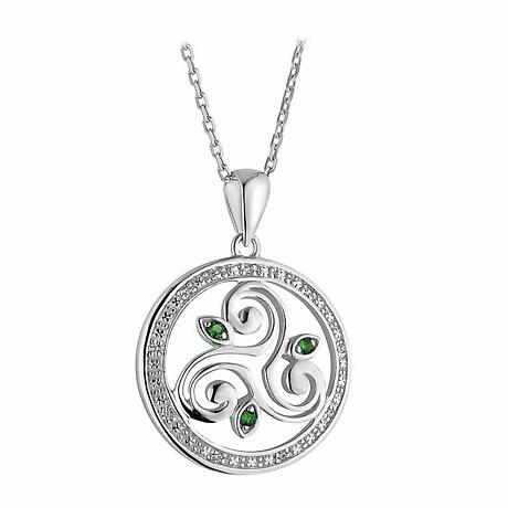 Irish Necklace | Sterling Silver Crystal Round Celtic Spiral Triskele Pendant