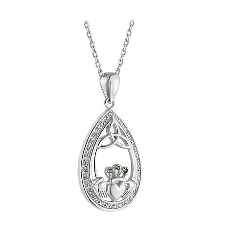 Irish Necklace | Sterling Silver Crystal Claddagh and Trinity Knot Pendant