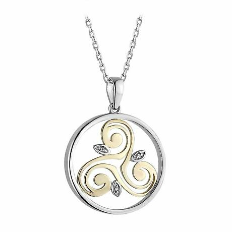Irish Necklace | Diamond Sterling Silver and 10k Yellow Gold Round Celtic Spiral Triskele Pendant