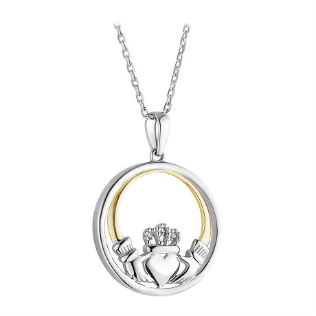 Product Image for Irish Necklace | Diamond Sterling Silver and 10k Yellow Gold Round Claddagh Pendant