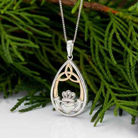 Alternate Image 1 for Irish Necklace | Diamond Sterling Silver 10k Yellow Gold Claddagh Trinity Knot Pendant