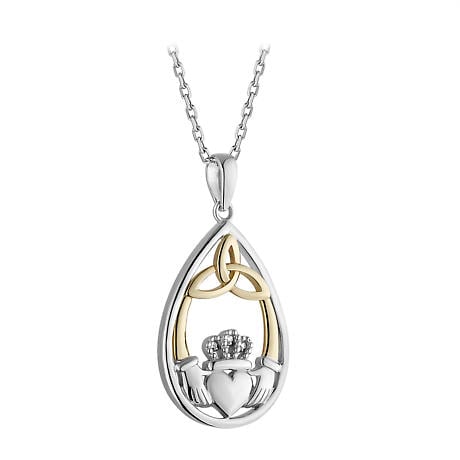 Irish Necklace | Diamond Sterling Silver 10k Yellow Gold Claddagh Trinity Knot Pendant