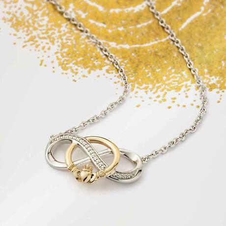 Alternate Image 1 for Irish Necklace | 10k Gold & Sterling Silver Diamond Infinity Claddagh Necklet