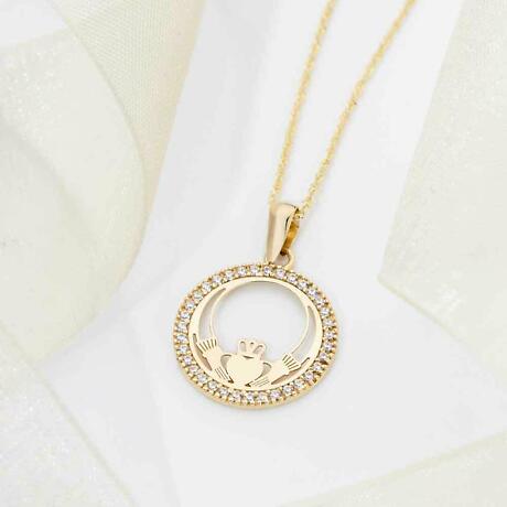 Alternate Image 1 for Irish Necklace | 10k Yellow Gold CZ Circle Claddagh Pendant